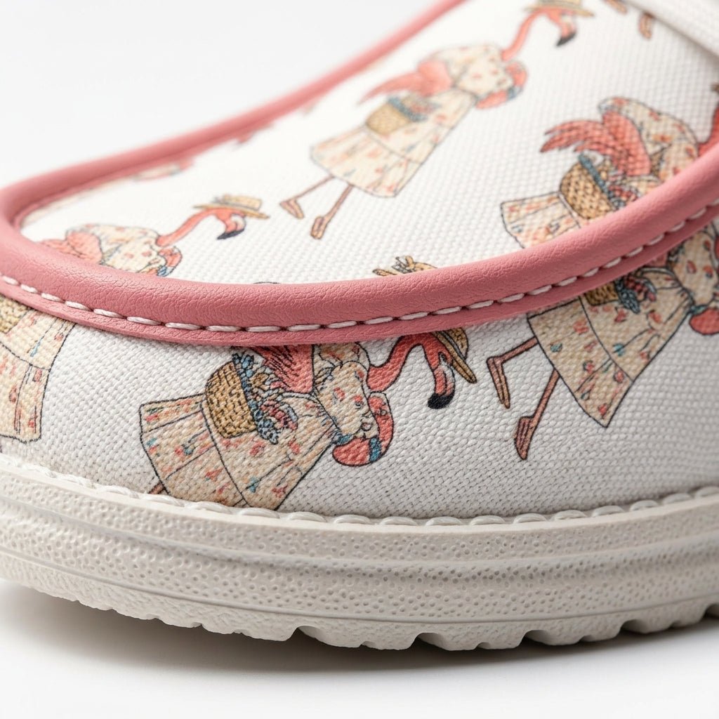 Coastal Flamingo Print White Canvas Lightweight Slip-On Loafer Shoes - FlamingoAholic