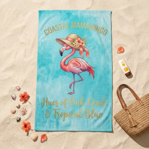 "Coastal Mamamingo" Watercolor Blue Beach Towel - Tropical Summer Gift - FlamingoAholic