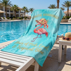 "Coastal Mamamingo" Watercolor Blue Beach Towel - Tropical Summer Gift - FlamingoAholic