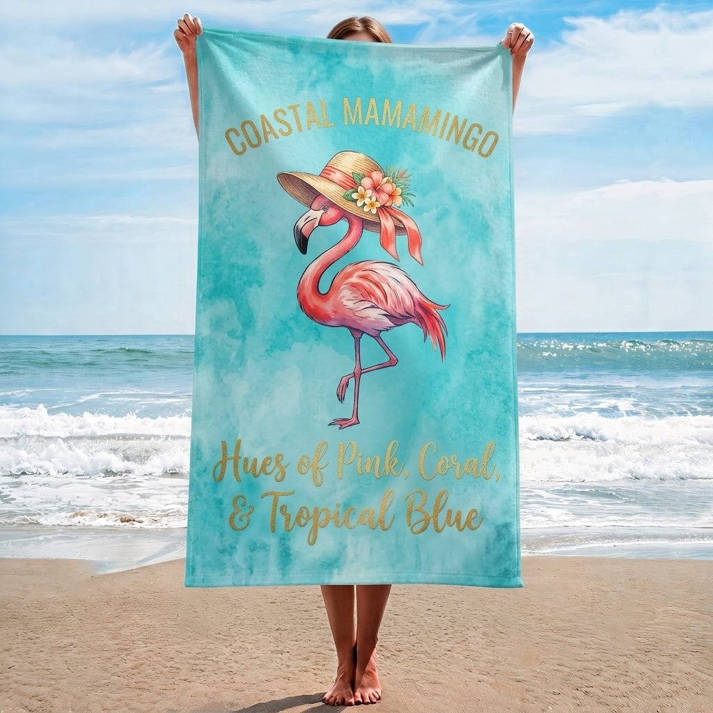 "Coastal Mamamingo" Watercolor Blue Beach Towel - Tropical Summer Gift - FlamingoAholic