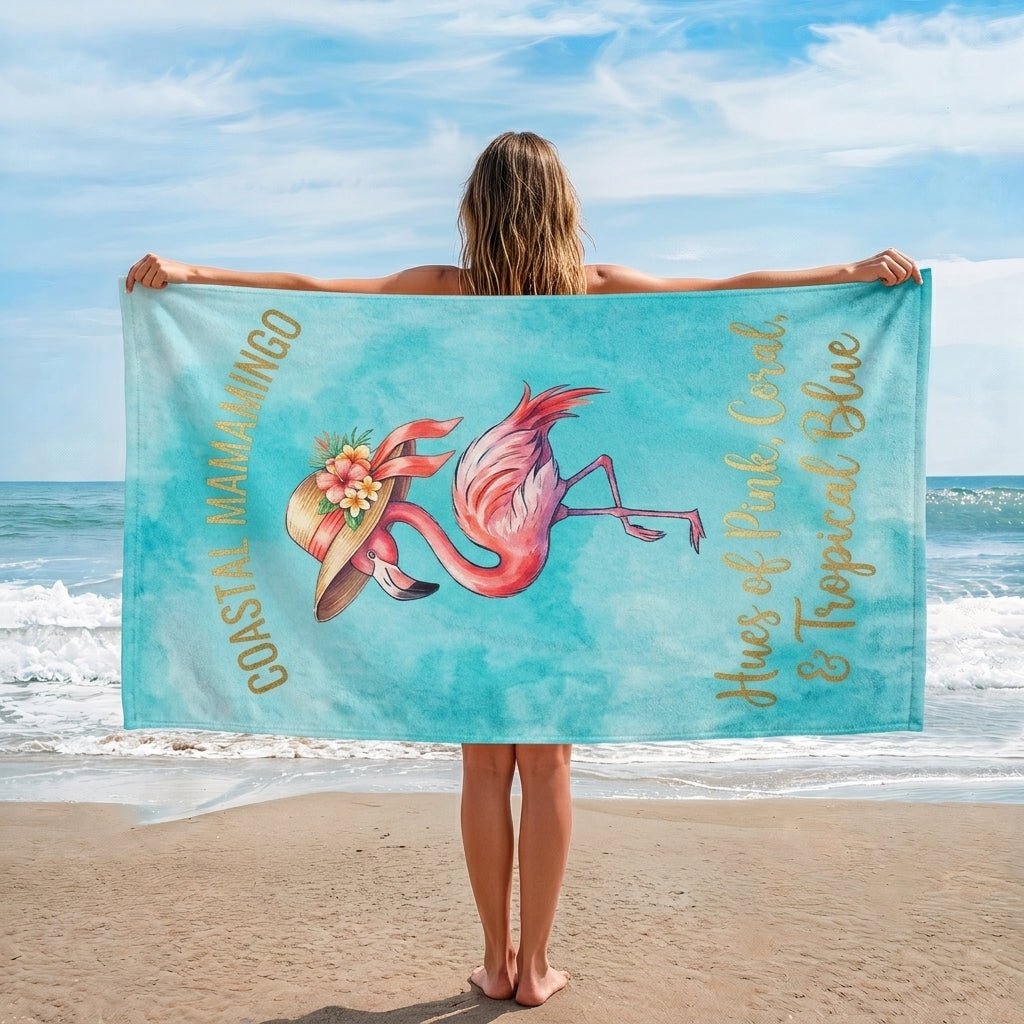 "Coastal Mamamingo" Watercolor Blue Beach Towel - Tropical Summer Gift - FlamingoAholic