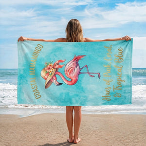 "Coastal Mamamingo" Watercolor Blue Beach Towel - Tropical Summer Gift - FlamingoAholic