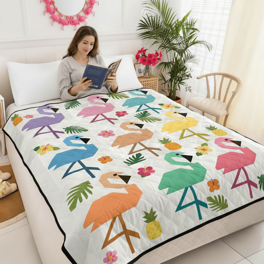 Colorful Geometric Flamingo Quilt - Ultra - Soft Tropical Patchwork Bedding - FlamingoAholic