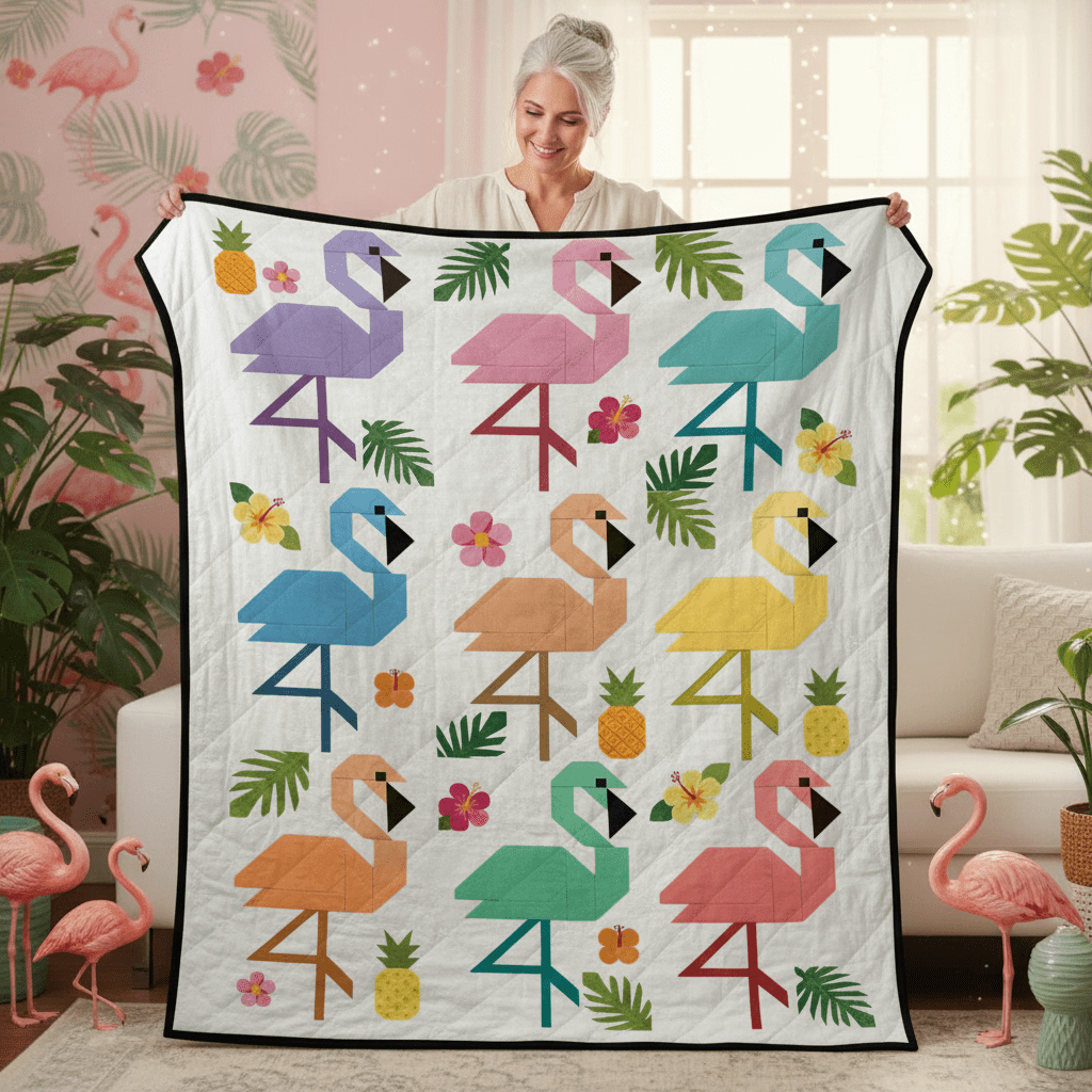 Colorful Geometric Flamingo Quilt - Ultra - Soft Tropical Patchwork Bedding - FlamingoAholic