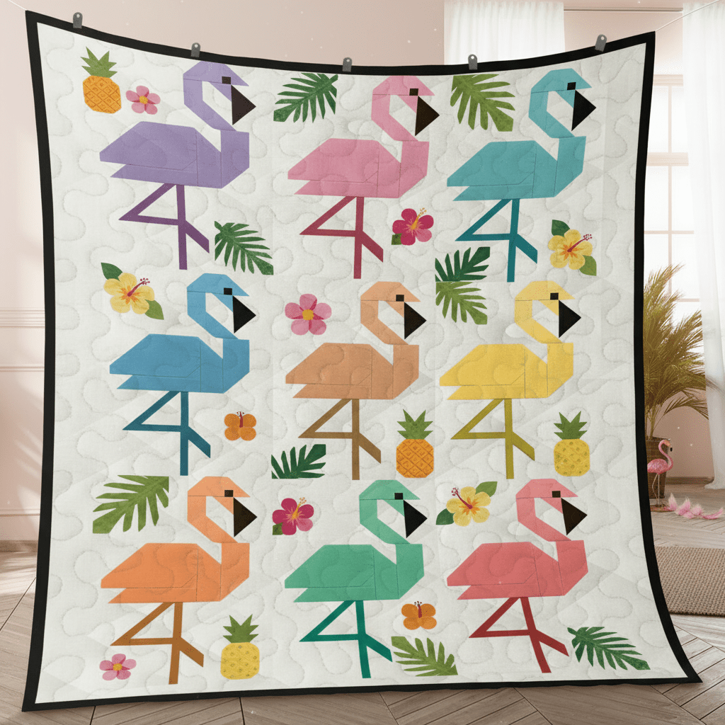 Colorful Geometric Flamingo Quilt - Ultra - Soft Tropical Patchwork Bedding - FlamingoAholic