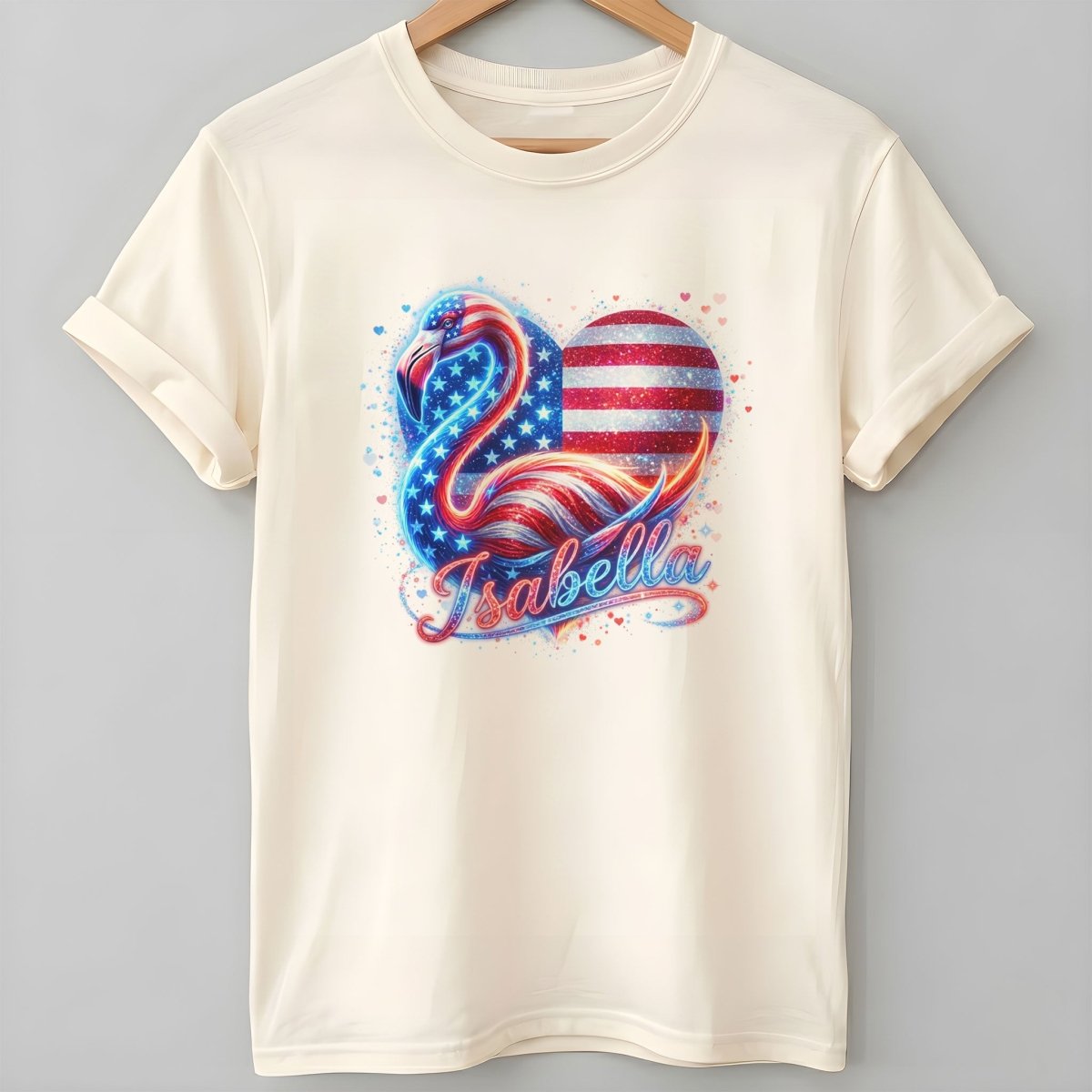Custom Name Patriotic Sparkle Heart Flamingo July 4th Shirt - FlamingoAholic