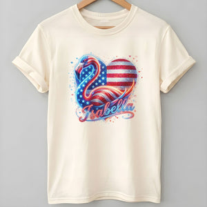 Custom Name Patriotic Sparkle Heart Flamingo July 4th Shirt - FlamingoAholic