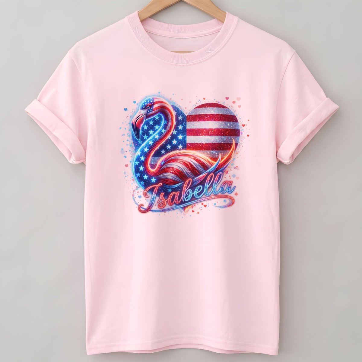 Custom Name Patriotic Sparkle Heart Flamingo July 4th Shirt - FlamingoAholic