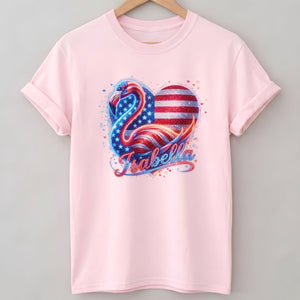 Custom Name Patriotic Sparkle Heart Flamingo July 4th Shirt - FlamingoAholic