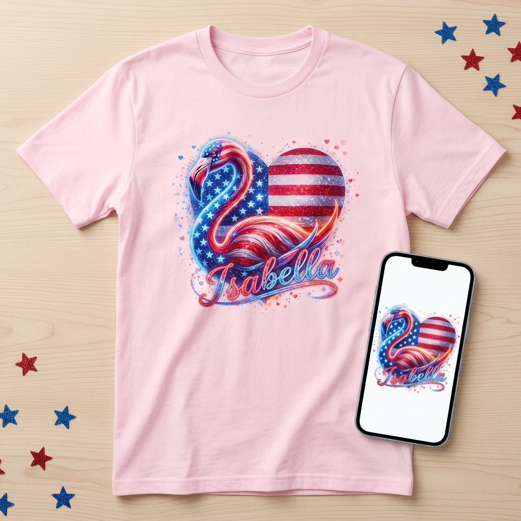 Custom Name Patriotic Sparkle Heart Flamingo July 4th Shirt - FlamingoAholic