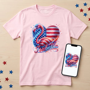 Custom Name Patriotic Sparkle Heart Flamingo July 4th Shirt - FlamingoAholic