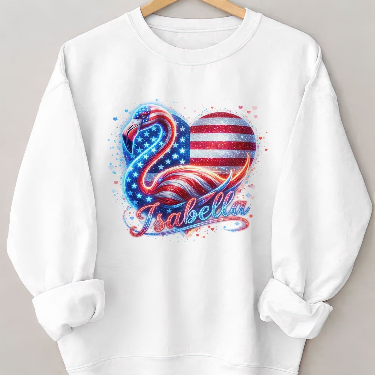 Custom Name Patriotic Sparkle Heart Flamingo July 4th Shirt - FlamingoAholic