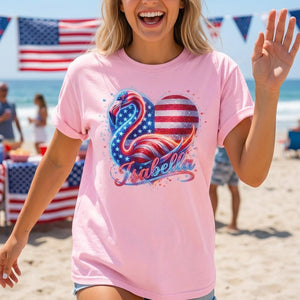 Custom Name Patriotic Sparkle Heart Flamingo July 4th Shirt - FlamingoAholic