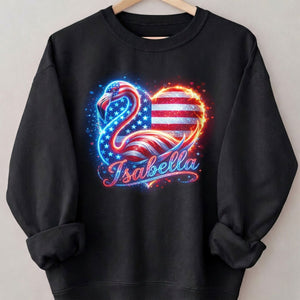 Custom Name Patriotic Sparkle Heart Flamingo July 4th Shirt - FlamingoAholic