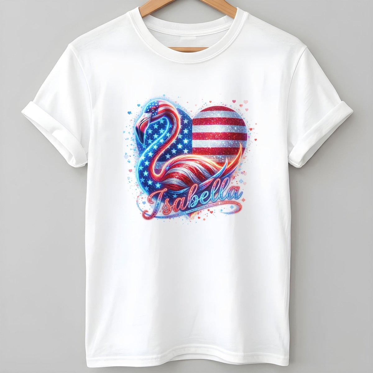 Custom Name Patriotic Sparkle Heart Flamingo July 4th Shirt - FlamingoAholic