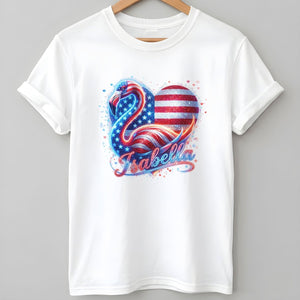 Custom Name Patriotic Sparkle Heart Flamingo July 4th Shirt - FlamingoAholic