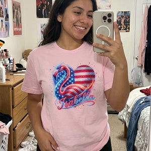 Custom Name Patriotic Sparkle Heart Flamingo July 4th Shirt - FlamingoAholic
