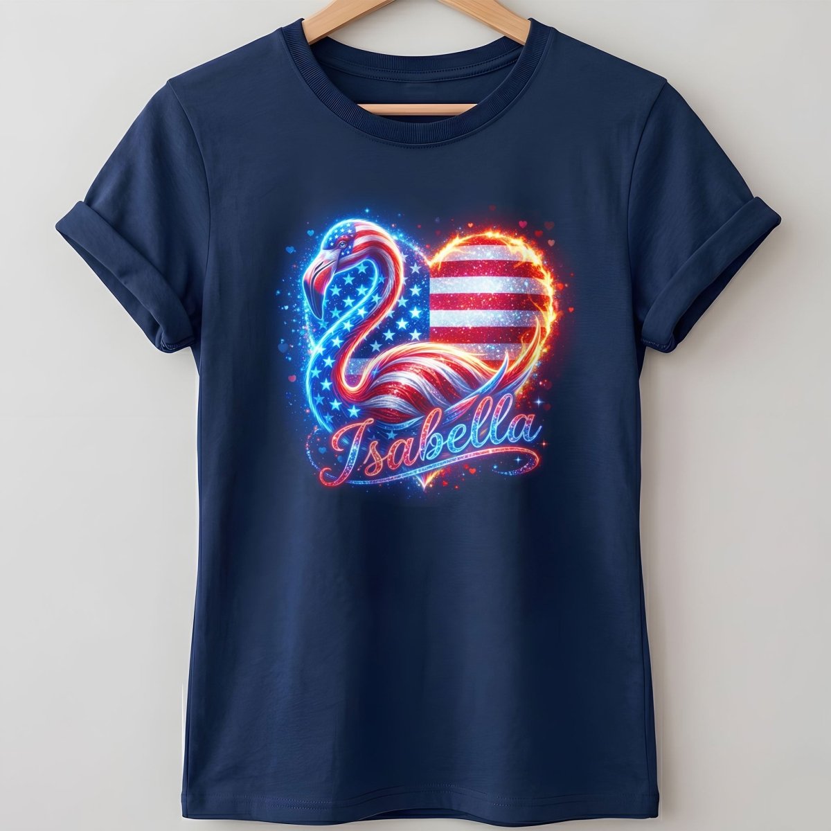 Custom Name Patriotic Sparkle Heart Flamingo July 4th Shirt - FlamingoAholic