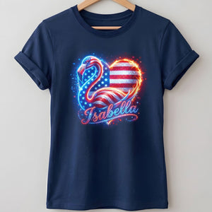 Custom Name Patriotic Sparkle Heart Flamingo July 4th Shirt - FlamingoAholic