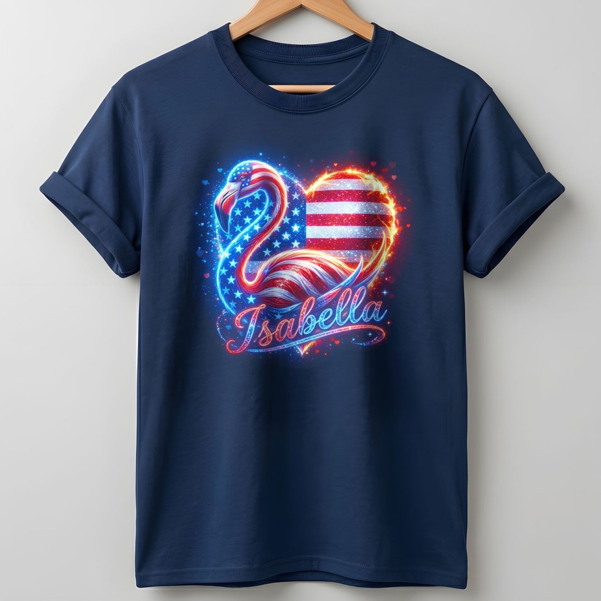 Custom Name Patriotic Sparkle Heart Flamingo July 4th Shirt - FlamingoAholic