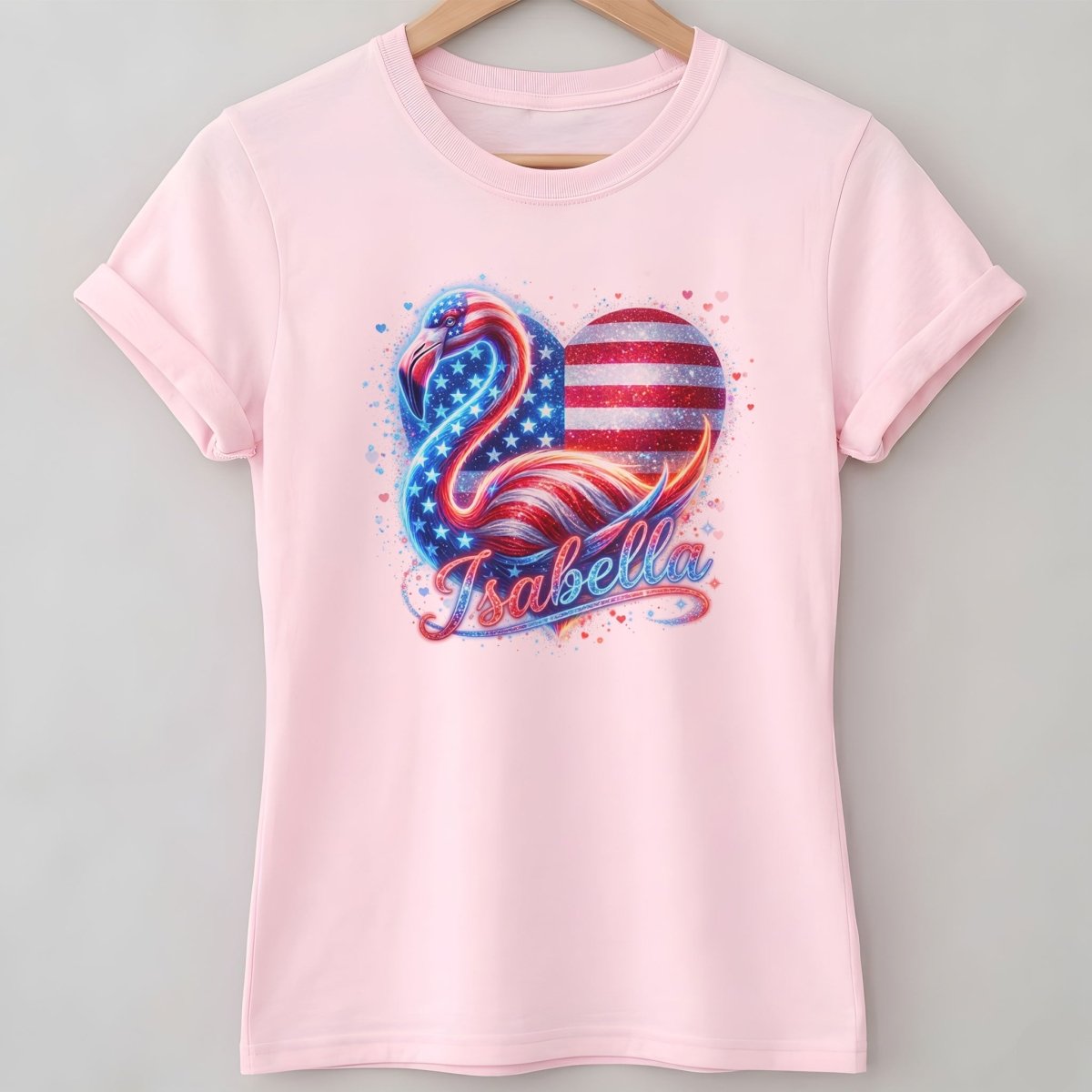 Custom Name Patriotic Sparkle Heart Flamingo July 4th Shirt - FlamingoAholic