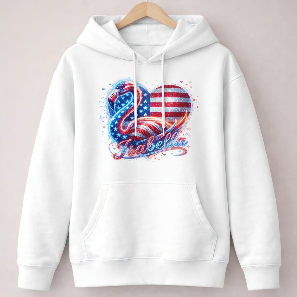Custom Name Patriotic Sparkle Heart Flamingo July 4th Shirt - FlamingoAholic