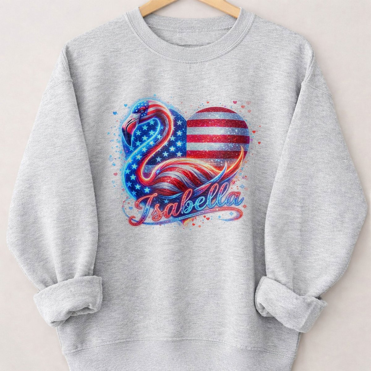 Custom Name Patriotic Sparkle Heart Flamingo July 4th Shirt - FlamingoAholic