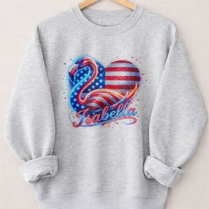 Custom Name Patriotic Sparkle Heart Flamingo July 4th Shirt - FlamingoAholic