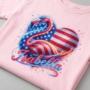 Custom Name Patriotic Sparkle Heart Flamingo July 4th Shirt - FlamingoAholic