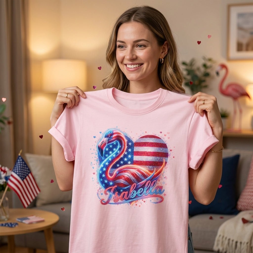 Custom Name Patriotic Sparkle Heart Flamingo July 4th Shirt - FlamingoAholic