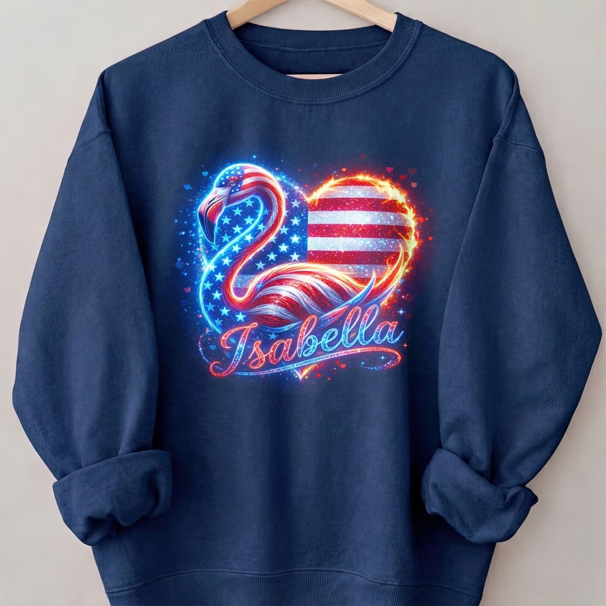 Custom Name Patriotic Sparkle Heart Flamingo July 4th Shirt - FlamingoAholic