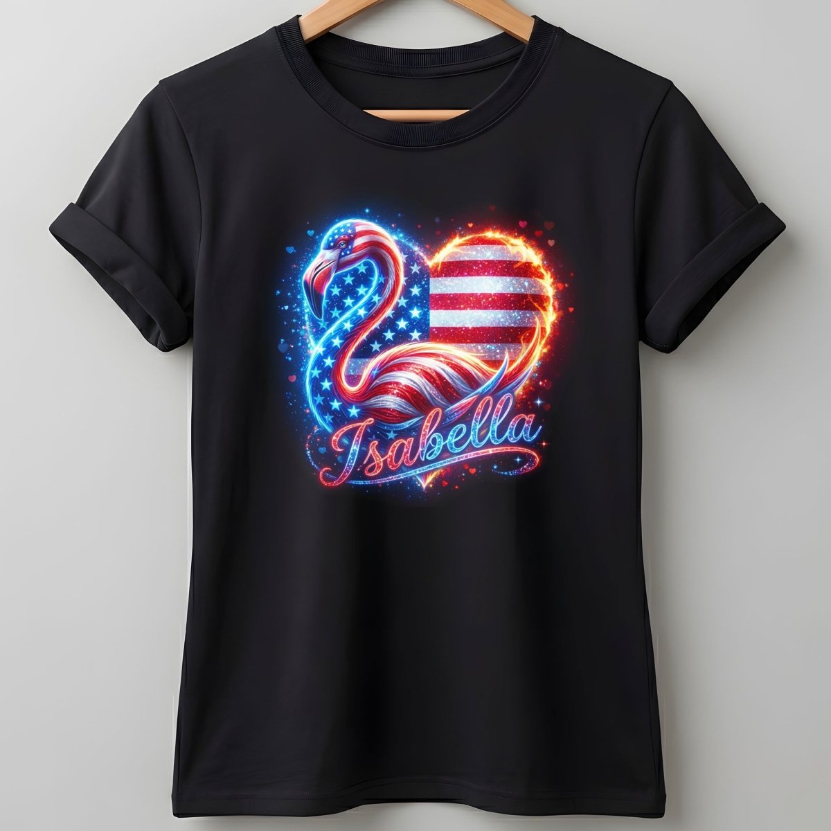 Custom Name Patriotic Sparkle Heart Flamingo July 4th Shirt - FlamingoAholic