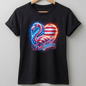 Custom Name Patriotic Sparkle Heart Flamingo July 4th Shirt - FlamingoAholic