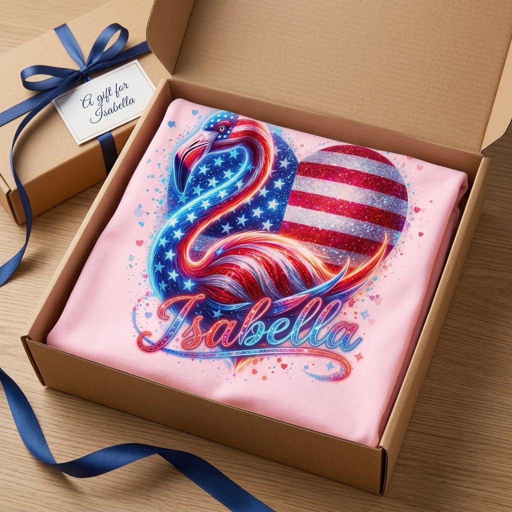 Custom Name Patriotic Sparkle Heart Flamingo July 4th Shirt - FlamingoAholic