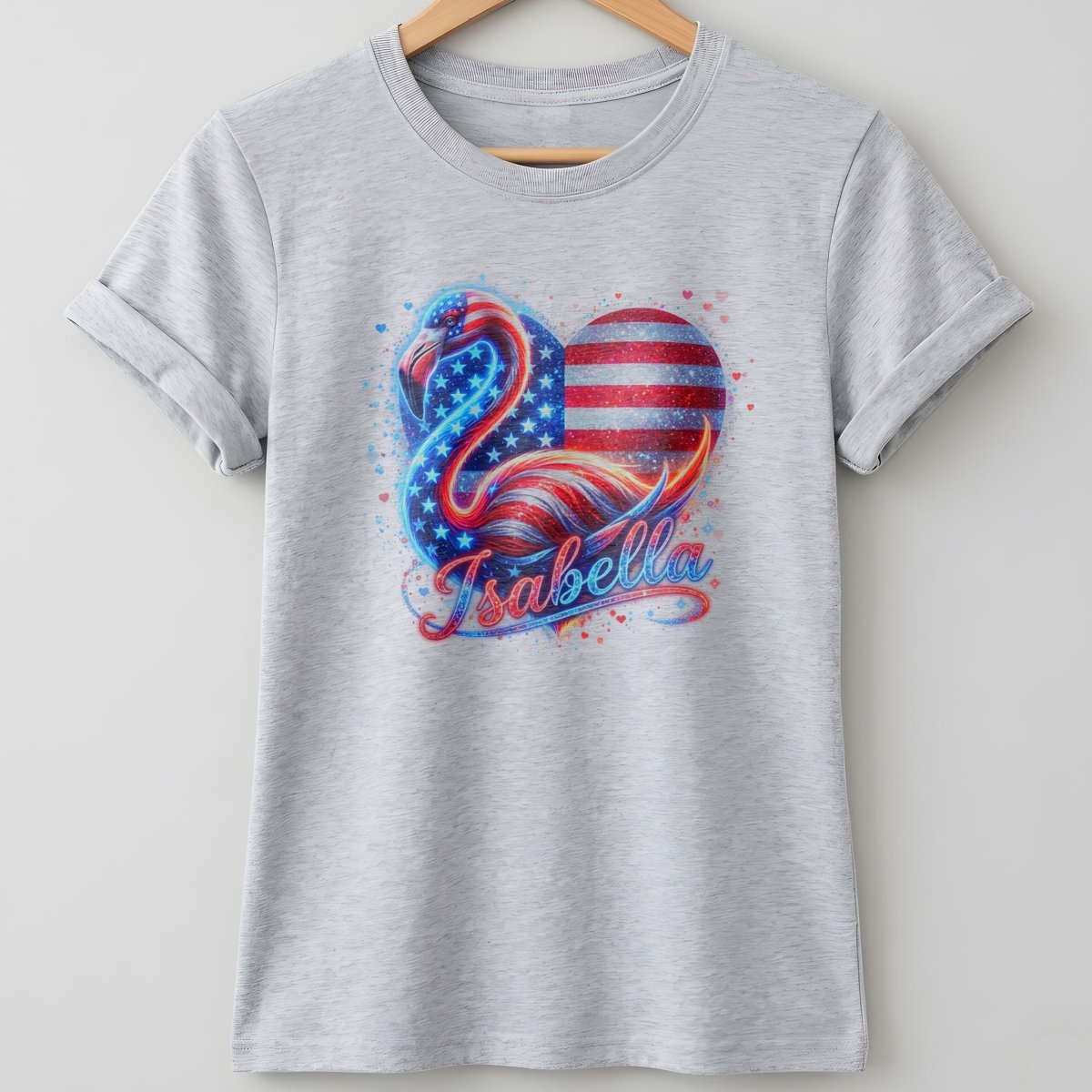 Custom Name Patriotic Sparkle Heart Flamingo July 4th Shirt - FlamingoAholic