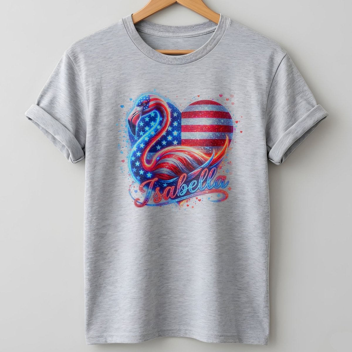 Custom Name Patriotic Sparkle Heart Flamingo July 4th Shirt - FlamingoAholic