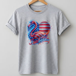 Custom Name Patriotic Sparkle Heart Flamingo July 4th Shirt - FlamingoAholic
