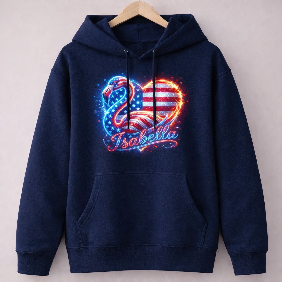 Custom Name Patriotic Sparkle Heart Flamingo July 4th Shirt - FlamingoAholic
