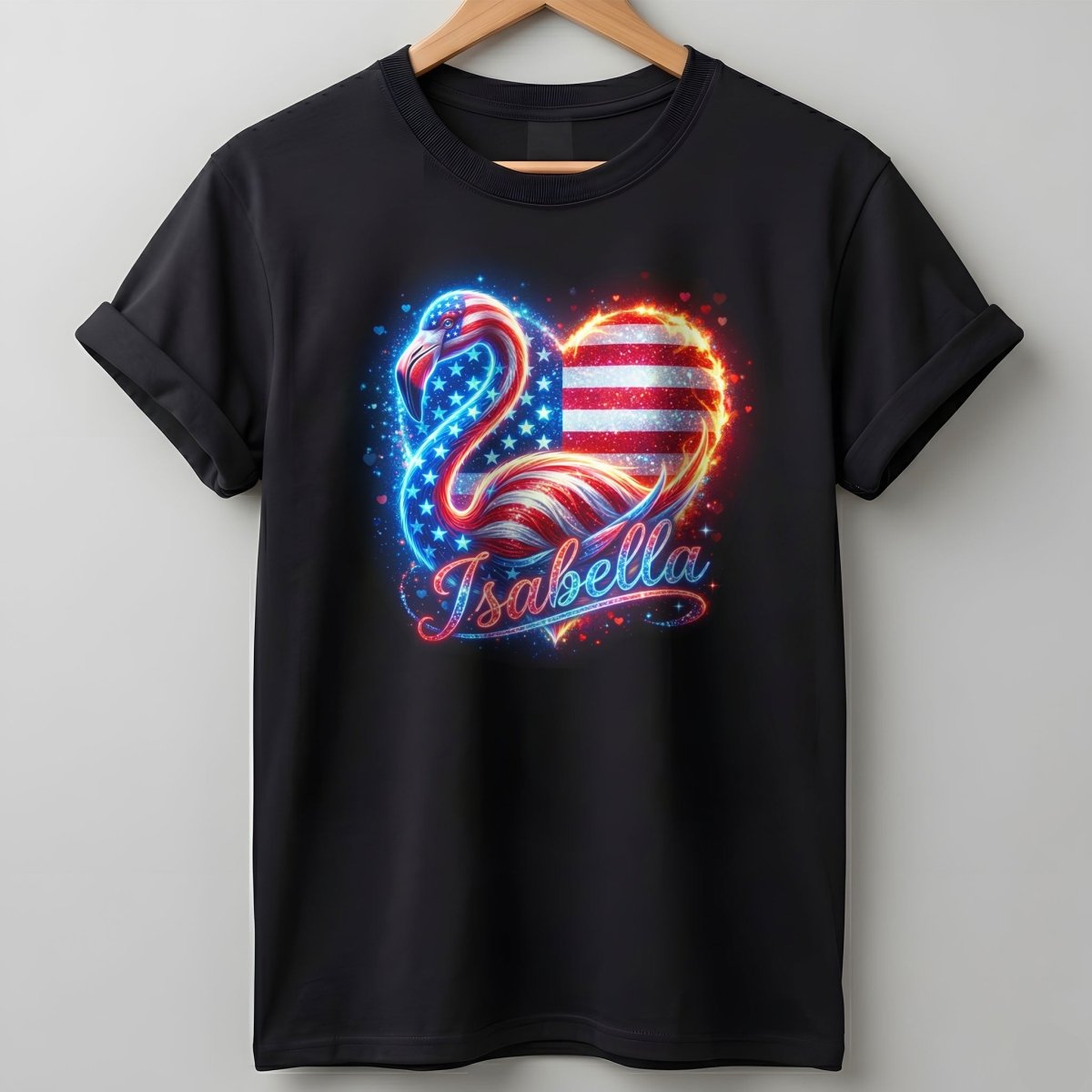 Custom Name Patriotic Sparkle Heart Flamingo July 4th Shirt - FlamingoAholic