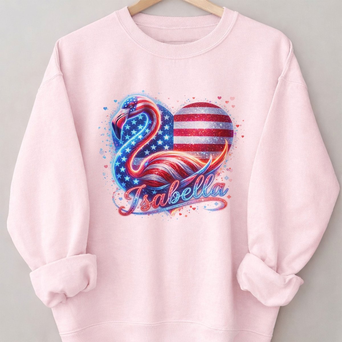 Custom Name Patriotic Sparkle Heart Flamingo July 4th Shirt - FlamingoAholic