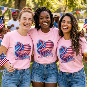 Custom Name Patriotic Sparkle Heart Flamingo July 4th Shirt - FlamingoAholic