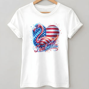 Custom Name Patriotic Sparkle Heart Flamingo July 4th Shirt - FlamingoAholic