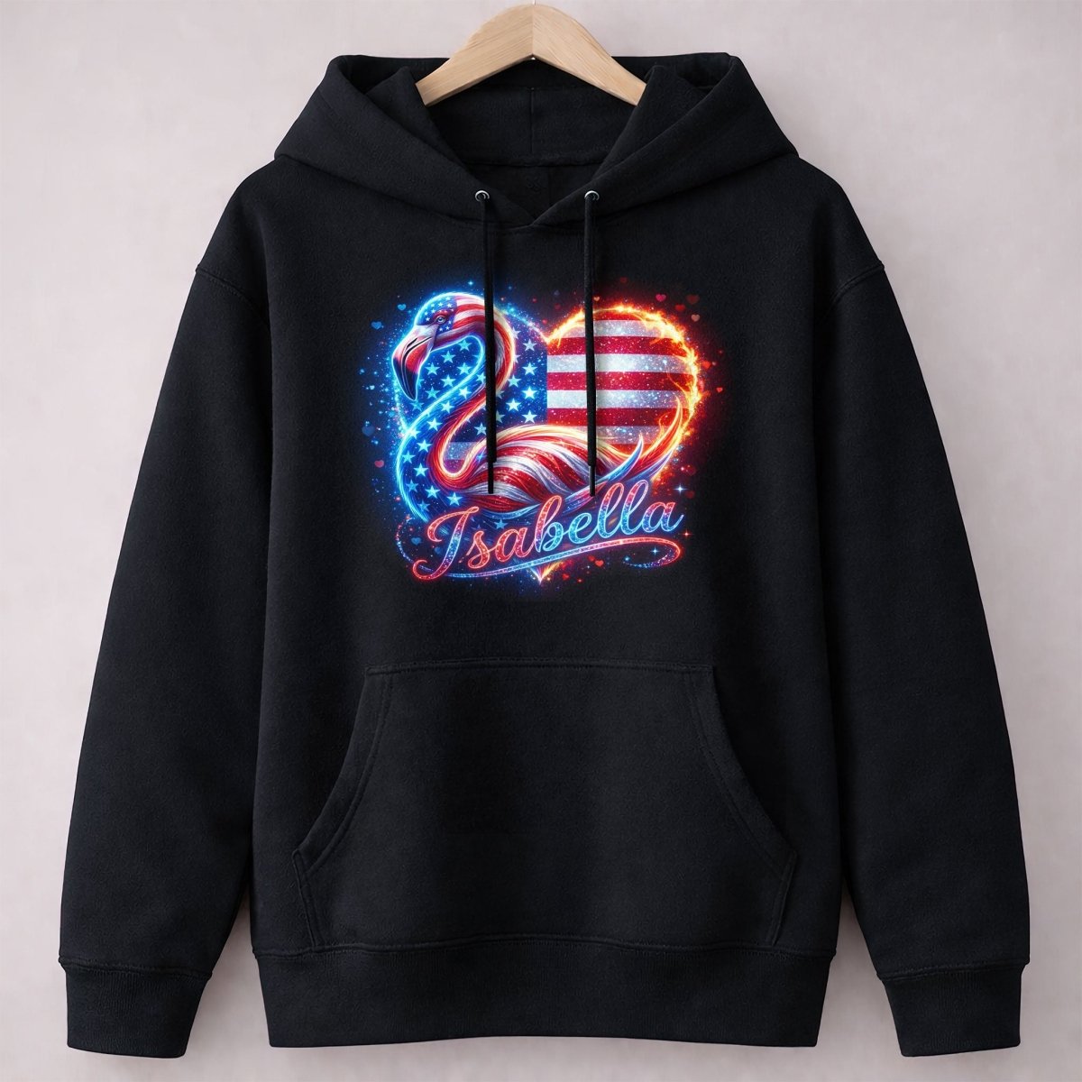 Custom Name Patriotic Sparkle Heart Flamingo July 4th Shirt - FlamingoAholic