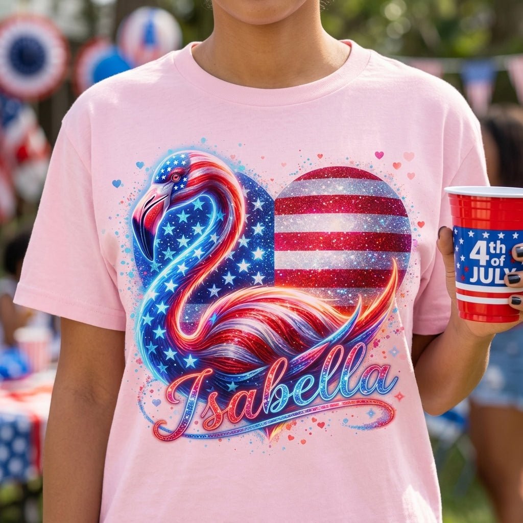 Custom Name Patriotic Sparkle Heart Flamingo July 4th Shirt - FlamingoAholic