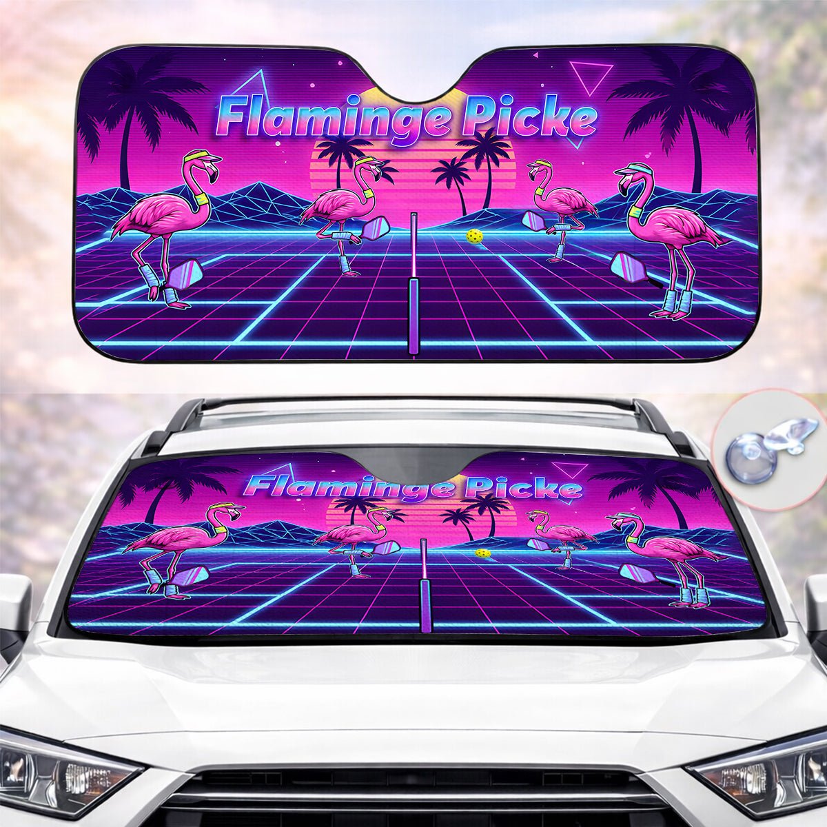 Electric Neon Flamingo Pickleball Car Sun Shade - Universal Windshield UV Protector - FlamingoAholic