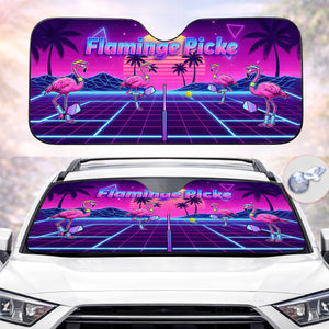 Electric Neon Flamingo Pickleball Car Sun Shade - Universal Windshield UV Protector - FlamingoAholic