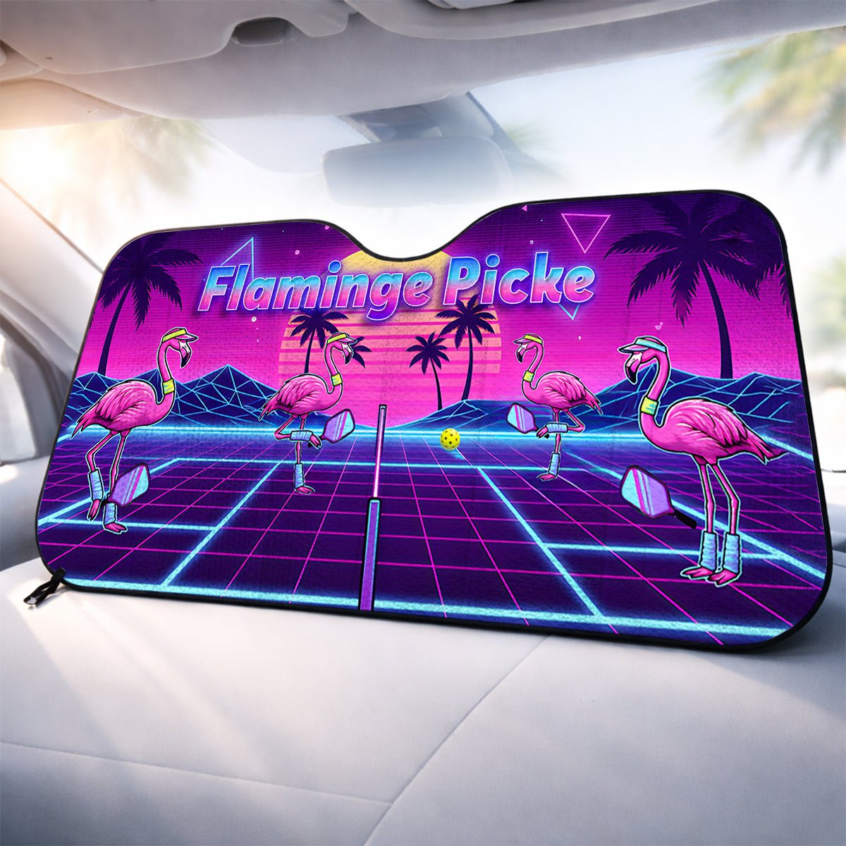 Electric Neon Flamingo Pickleball Car Sun Shade - Universal Windshield UV Protector - FlamingoAholic