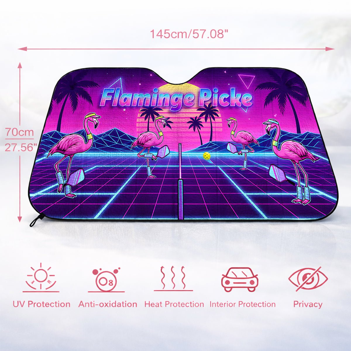 Electric Neon Flamingo Pickleball Car Sun Shade - Universal Windshield UV Protector - FlamingoAholic