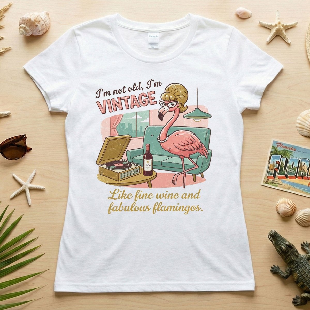 Fabulous Retro Flamingo Vintage T-Shirt - Funny Grandma Wine & Age Gift - FlamingoAholic