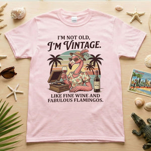 Fabulous Retro Flamingo Wine T-Shirt for Women - The "I'm Vintage" Humor Tee - FlamingoAholic